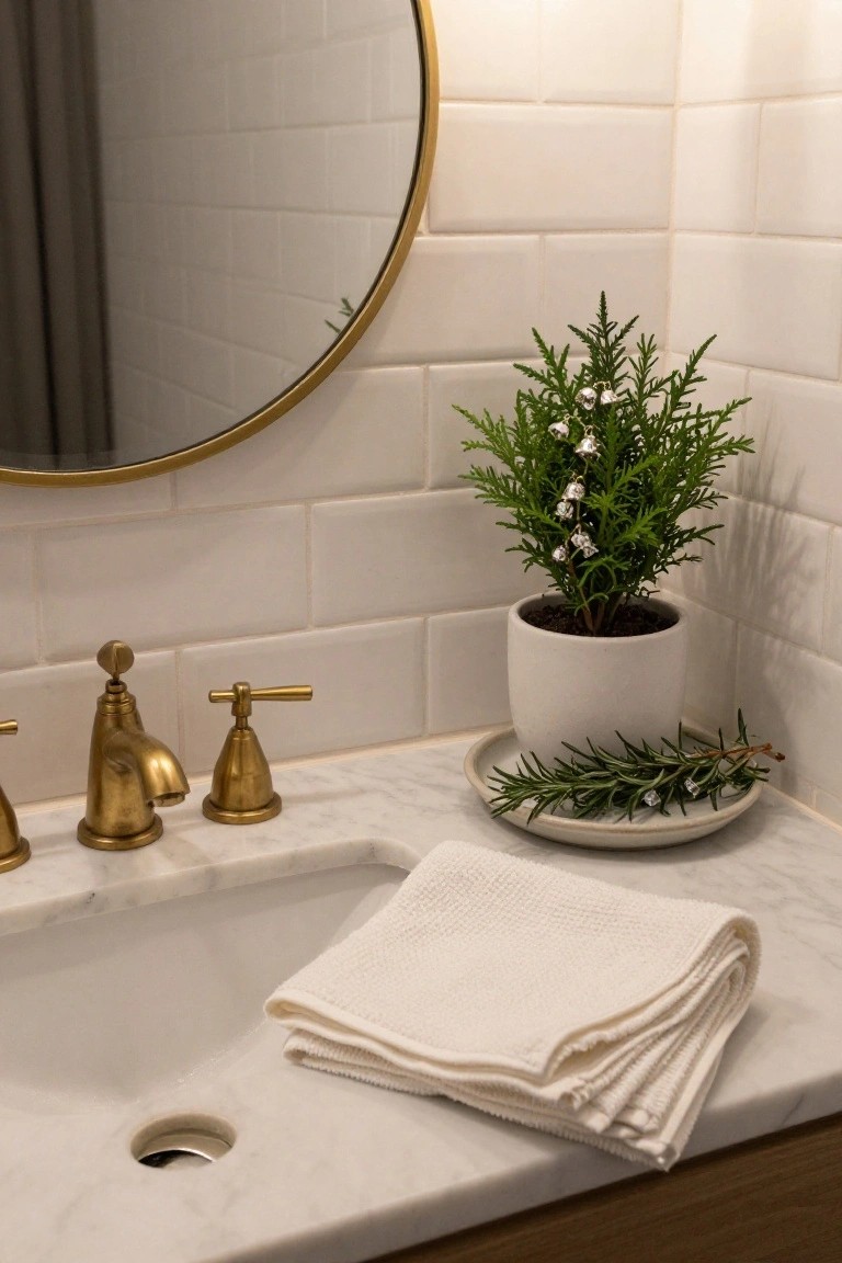 Close-up of a marble bathroom vanity with gold faucets, a round mirror, stacked white towels, a small potted evergreen decorated with silver bells, and a rosemary sprig on a white saucer.