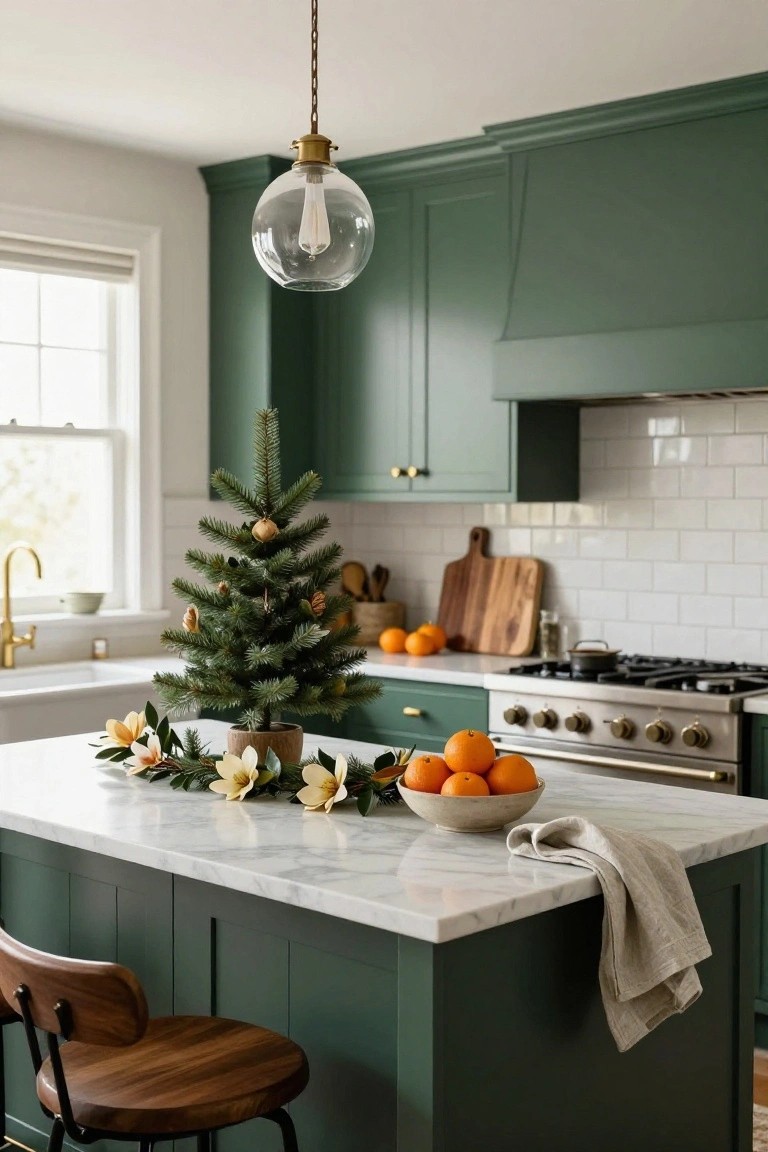 Kitchen with dark green cabinets, white subway tile backsplash, marble island topped with a small potted Christmas tree, bowl of oranges, magnolia branches, wooden cutting board, and wooden stool.