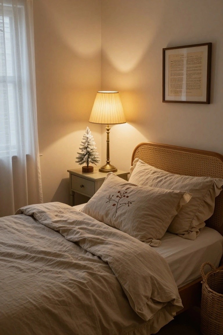 Bedroom corner with rattan bed frame, beige linens, brass lamp and small flocked Christmas tree on wooden nightstand, sheer curtains at window, framed artwork on wall.
