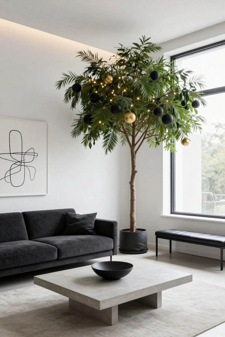Tall artificial palm tree decorated with black and gold baubles and white fairy lights in a minimalist living room featuring a dark gray sofa, concrete coffee table, black bowl, bench, and large window.