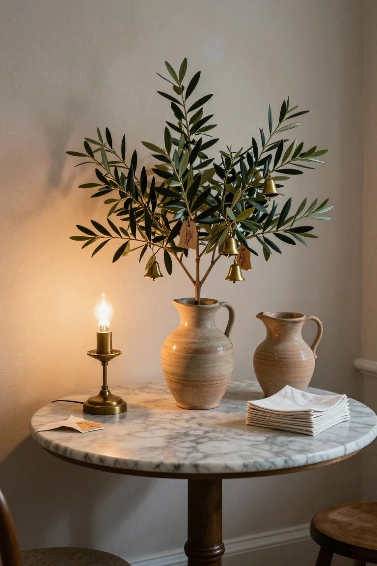 Potted olive tree branches decorated with small gold bells in a terracotta jug on a round white marble table, beside a brass candlestick lamp, two terracotta pitchers, stacked white napkins, and wooden chairs in a beige-walled room.