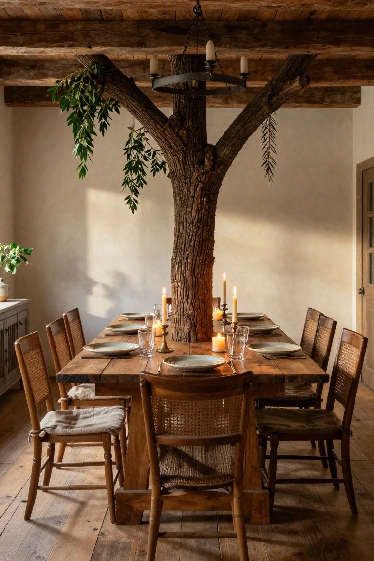 Dining room with a large tree trunk growing from the floor beside a long wooden table set for dinner with plates, glasses, and multiple candles, rattan chairs, exposed beam ceiling, and hanging lantern chandelier.