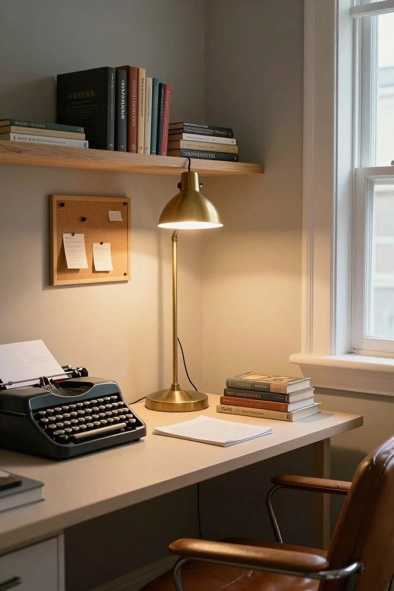 Cozy interior corner office setup with wooden floating shelves holding stacked books, cork bulletin board with notes, lit brass banker's lamp, vintage black typewriter on white desk with papers and books, tan leather chair, next to a window in a light gray room.