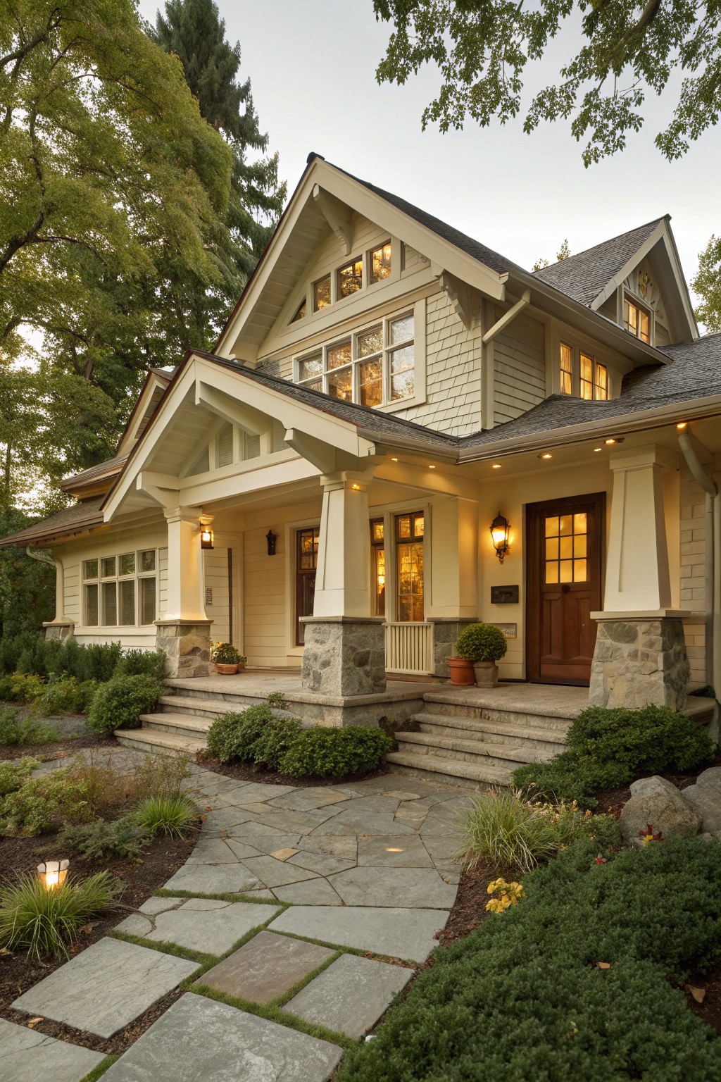 Craftsman-style house with light beige horizontal siding, gabled roof, covered porch supported by stone pillars, dark wood front door with glass panels, warm exterior lighting, stone steps, and surrounding shrubs and pathway.