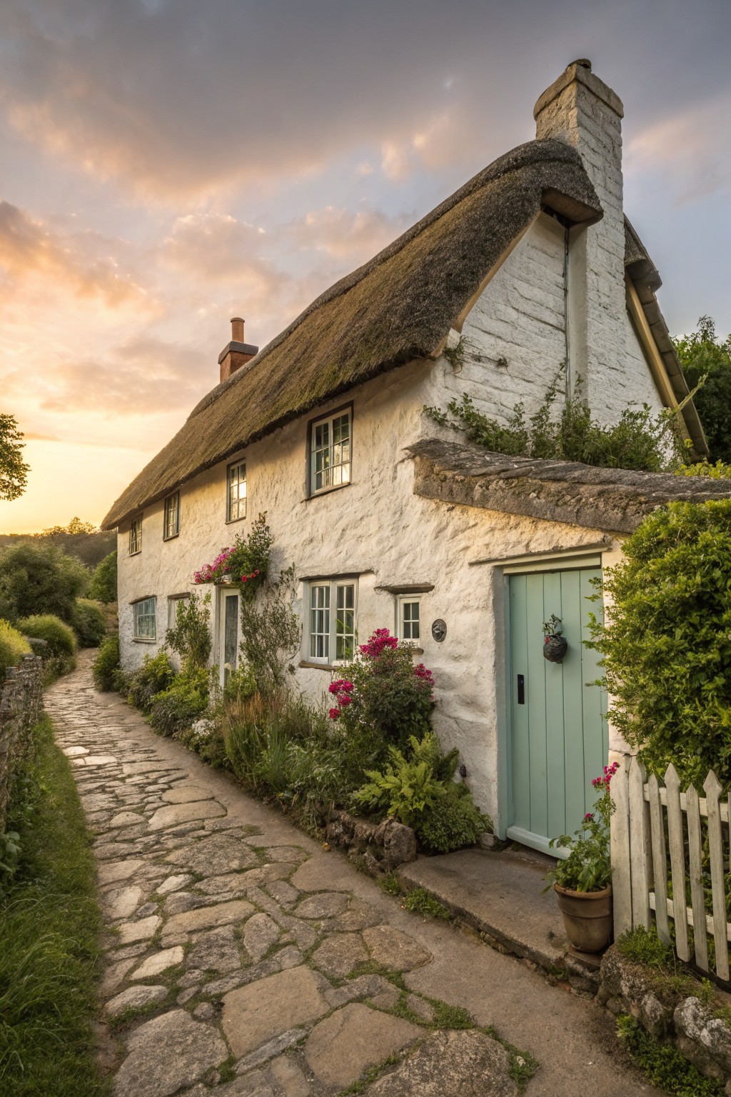 White plaster cottage with thatched roof, green front door, flower arrangements, and stone pathway leading to the entrance amid greenery at dusk.