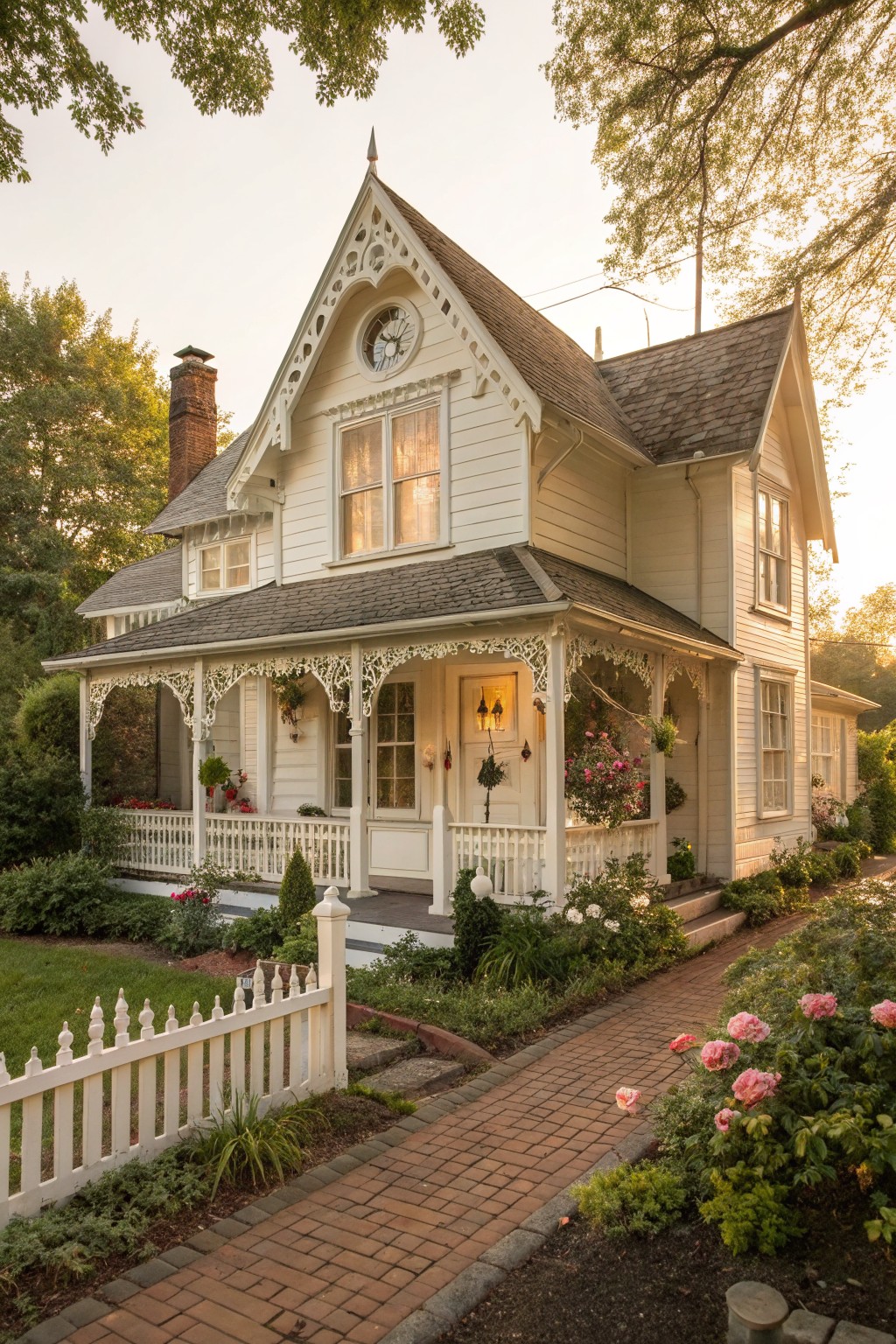 A two-story cream-white Victorian house with ornate gingerbread porch trim, clock in the gable, brick chimney, potted plants, flower beds, white picket fence, and brick path leading to the entry.