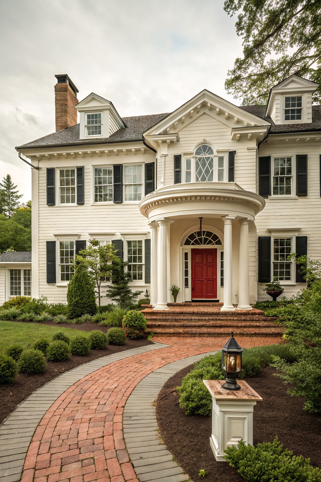 White clapboard colonial house with black shutters, columned portico, red front door, brick steps and curved walkway, shrubs, and trees in the yard under cloudy sky.