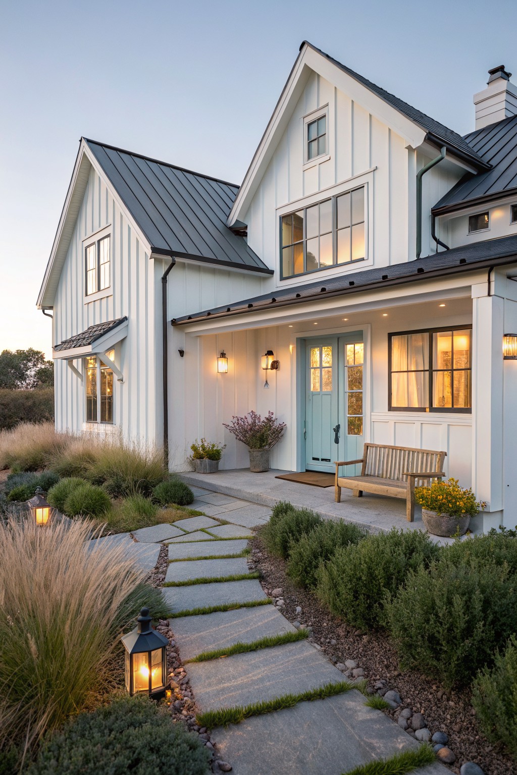 White board-and-batten sided farmhouse with black standing-seam metal roof, turquoise double front doors, wooden porch bench, stone stepping path, ornamental grasses, and lanterns leading to the entry at dusk.