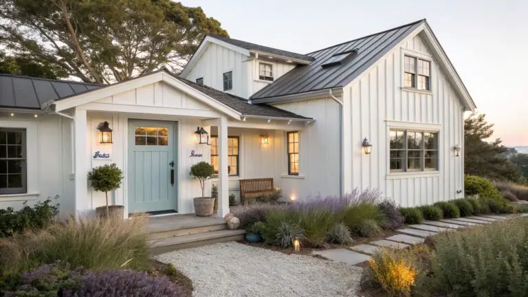 White board-and-batten sided farmhouse with black standing-seam metal roof, turquoise double front doors, wooden porch bench, stone stepping path, ornamental grasses, and lanterns leading to the entry at dusk.