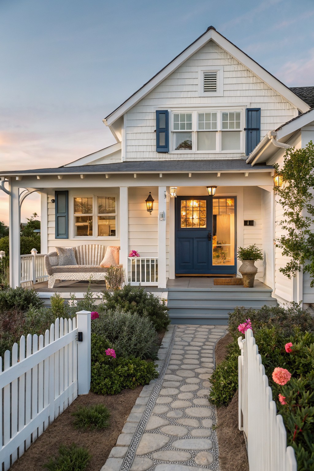 White shingle-style house exterior at dusk with navy blue front door, matching shutters, wraparound porch, stone pathway, white picket fence, and border plants.