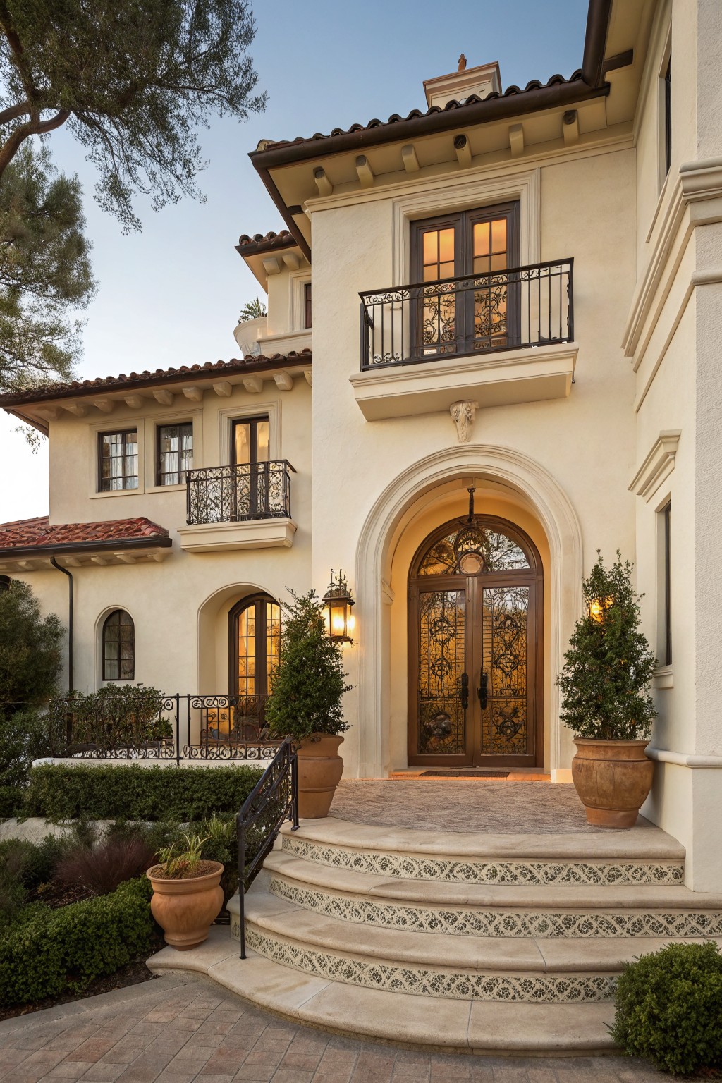 Two-story house exterior in warm cream stucco with red barrel tile roof, arched double wooden doors with wrought iron grilles, black metal balcony railings, stone steps with tile accents, and potted plants in the entry courtyard.
