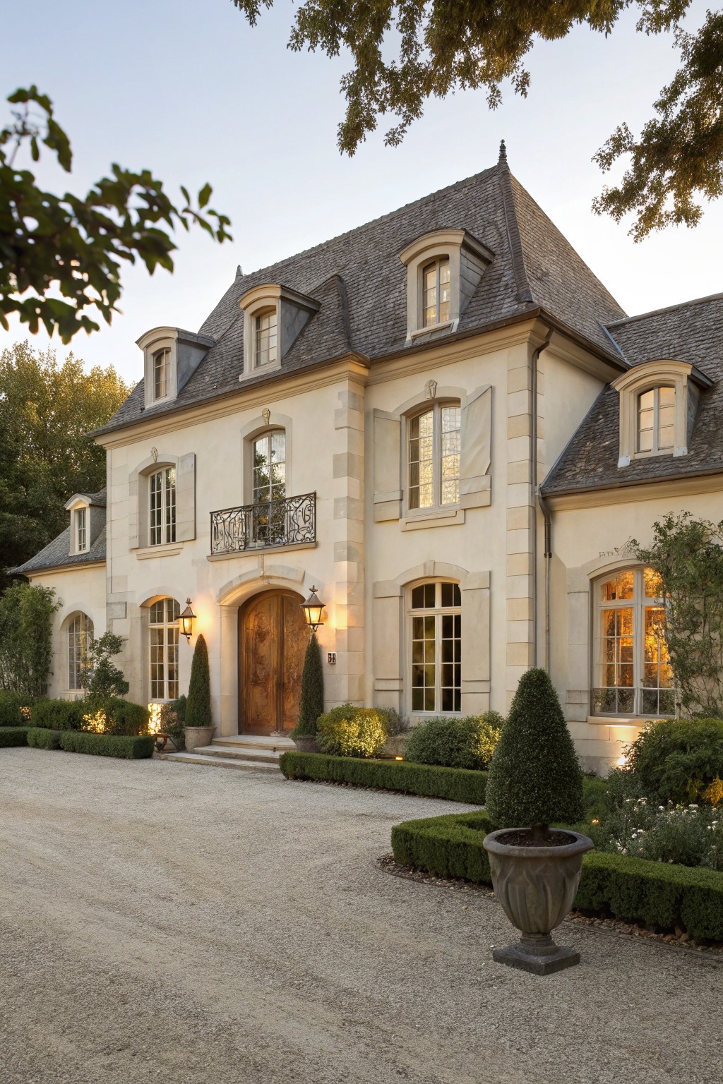 Light beige stucco French chateau-style house exterior with mansard roof, dormer windows, wooden front door, wall lanterns, gravel driveway, boxwood hedges, potted plants, and trees in evening light.