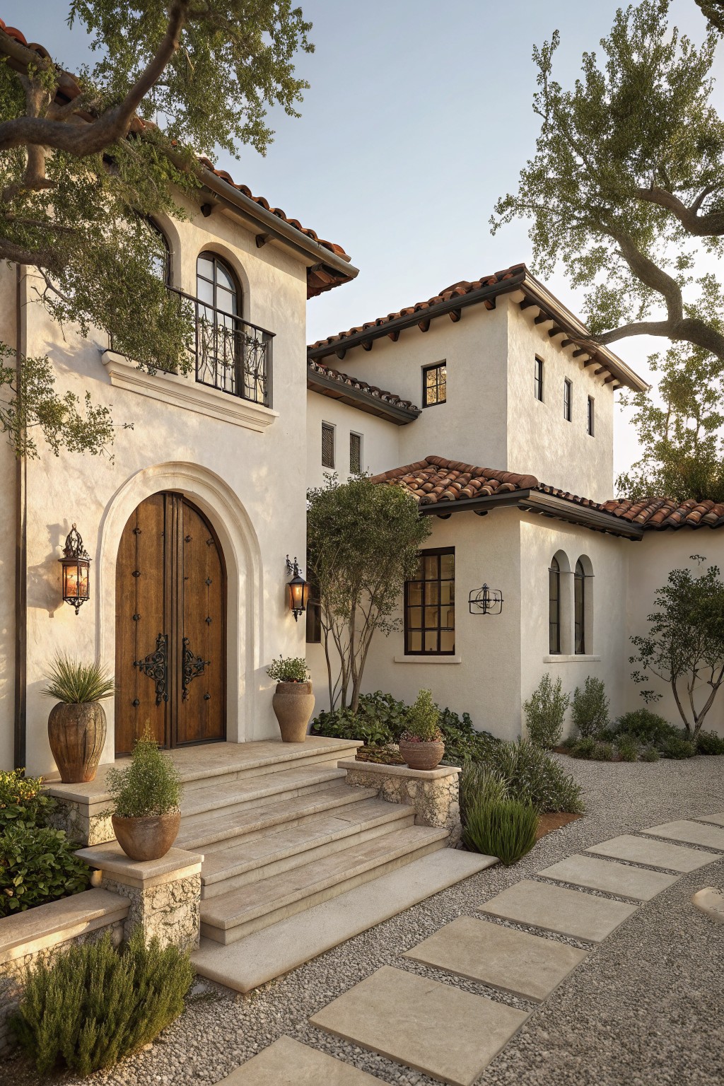 Two-story white stucco house with red terracotta tile roof, arched wooden double front doors flanked by lanterns and potted plants, stone steps leading to gravel path and surrounding shrubs and trees.