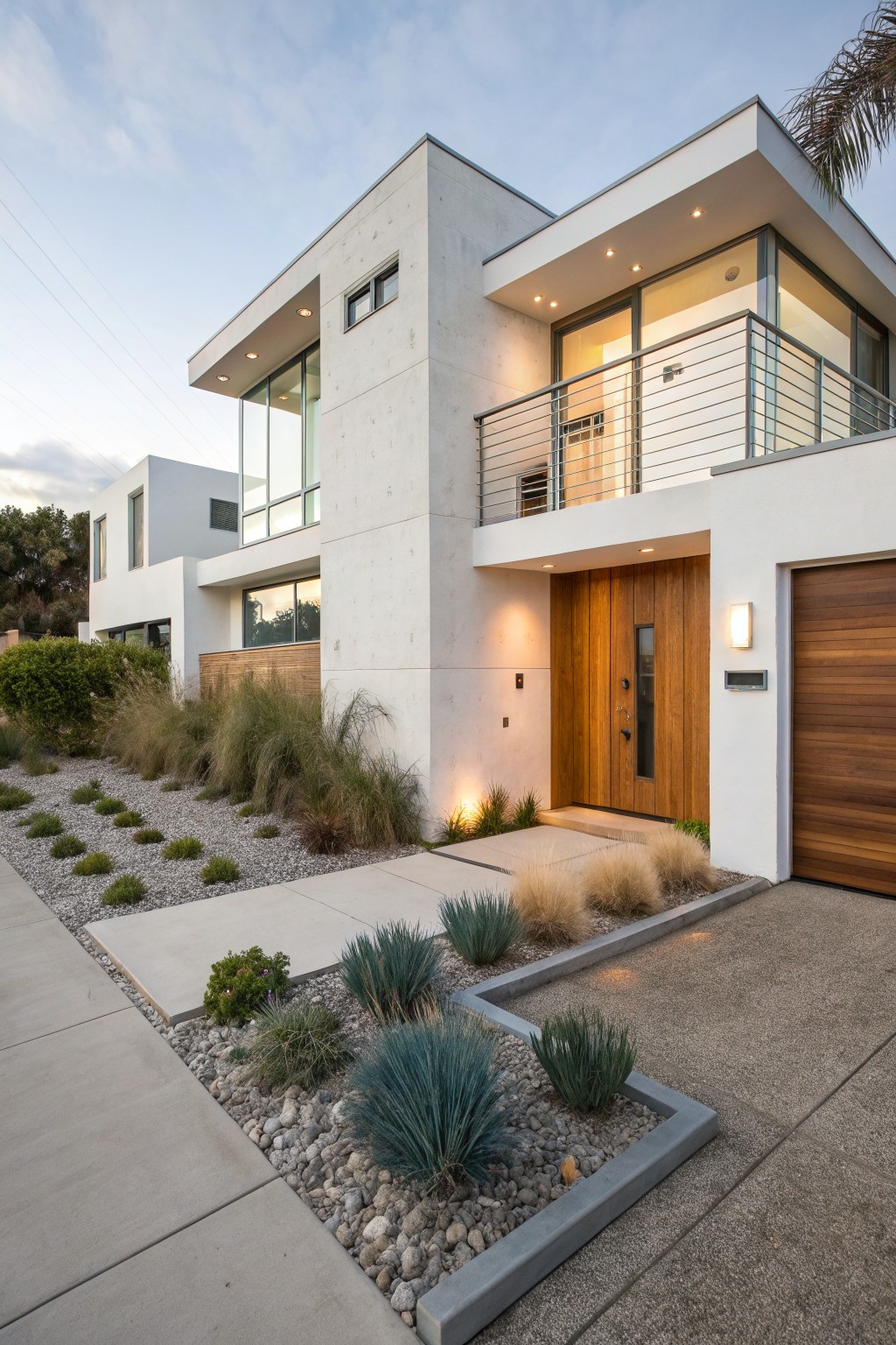 Modern white stucco house exterior featuring cantilevered upper sections, large glass windows, wooden front door and garage door, concrete pathway, and drought-tolerant plants with gravel mulch.