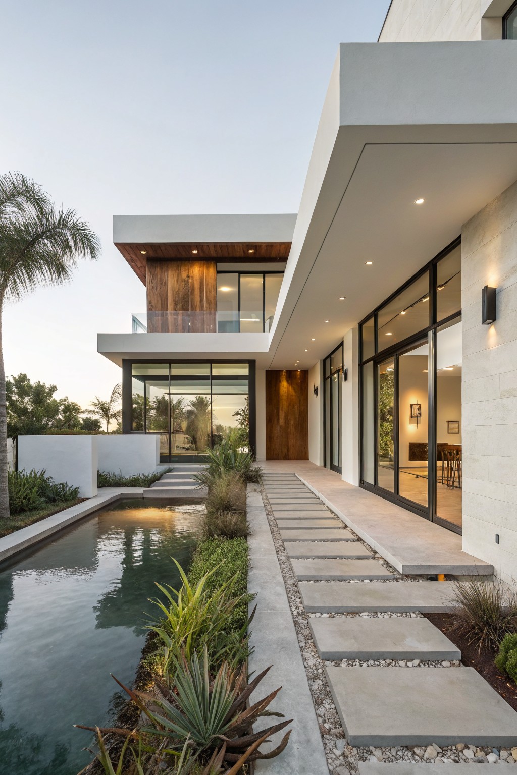 Modern two-story house exterior with white stucco walls, wood-clad upper section, large glass windows and doors, wooden entry, stone pathway, reflecting pool, and palm trees at sunset.