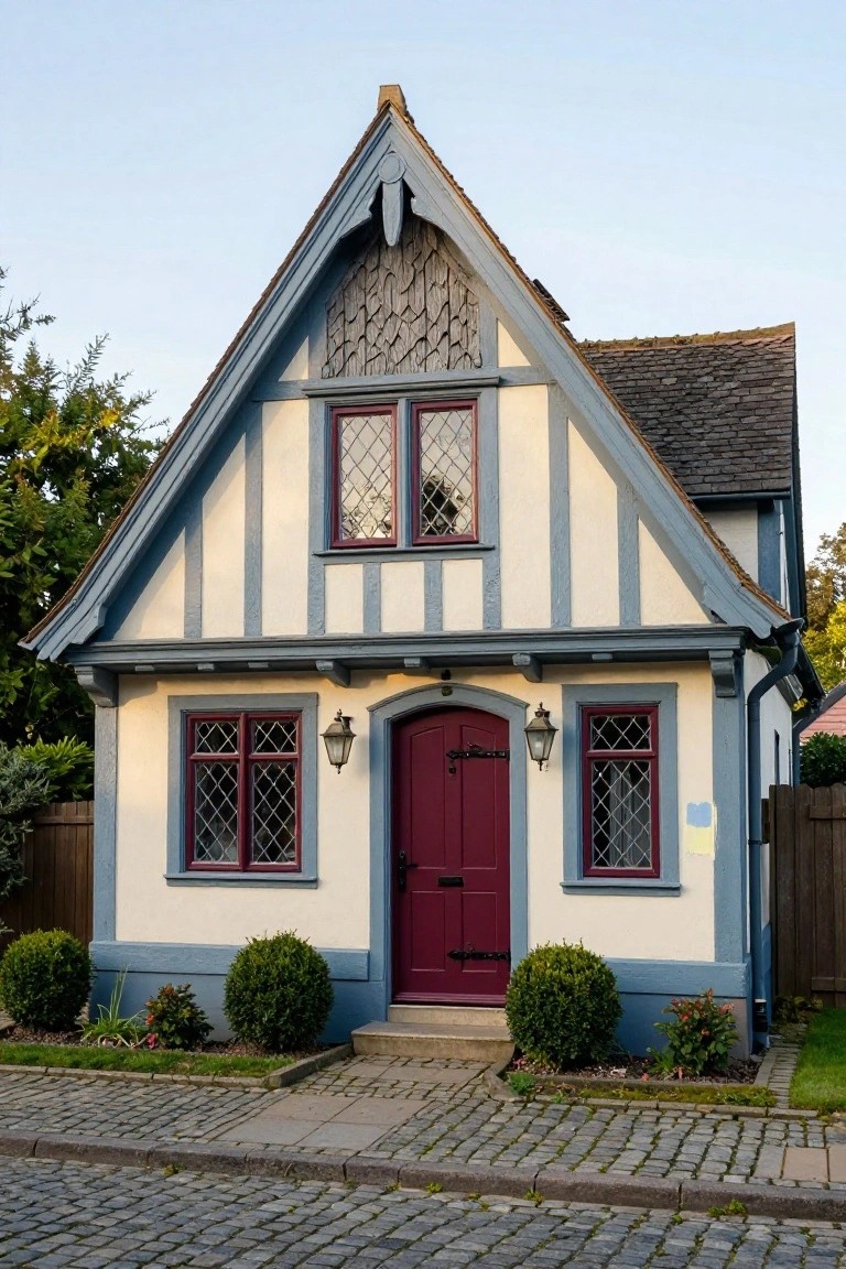 A small two-story Tudor-style house featuring dark blue timber framing on cream stucco walls, burgundy red front door and window frames with leaded glass, lanterns by the entrance, boxwood shrubs, and a cobblestone path.