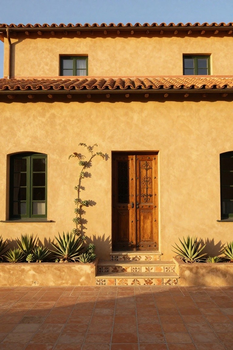 Beige stucco house facade with arched green windows, wooden double entry door with iron details, terracotta tile roof and steps, agave plants in front, and tiled courtyard paving.