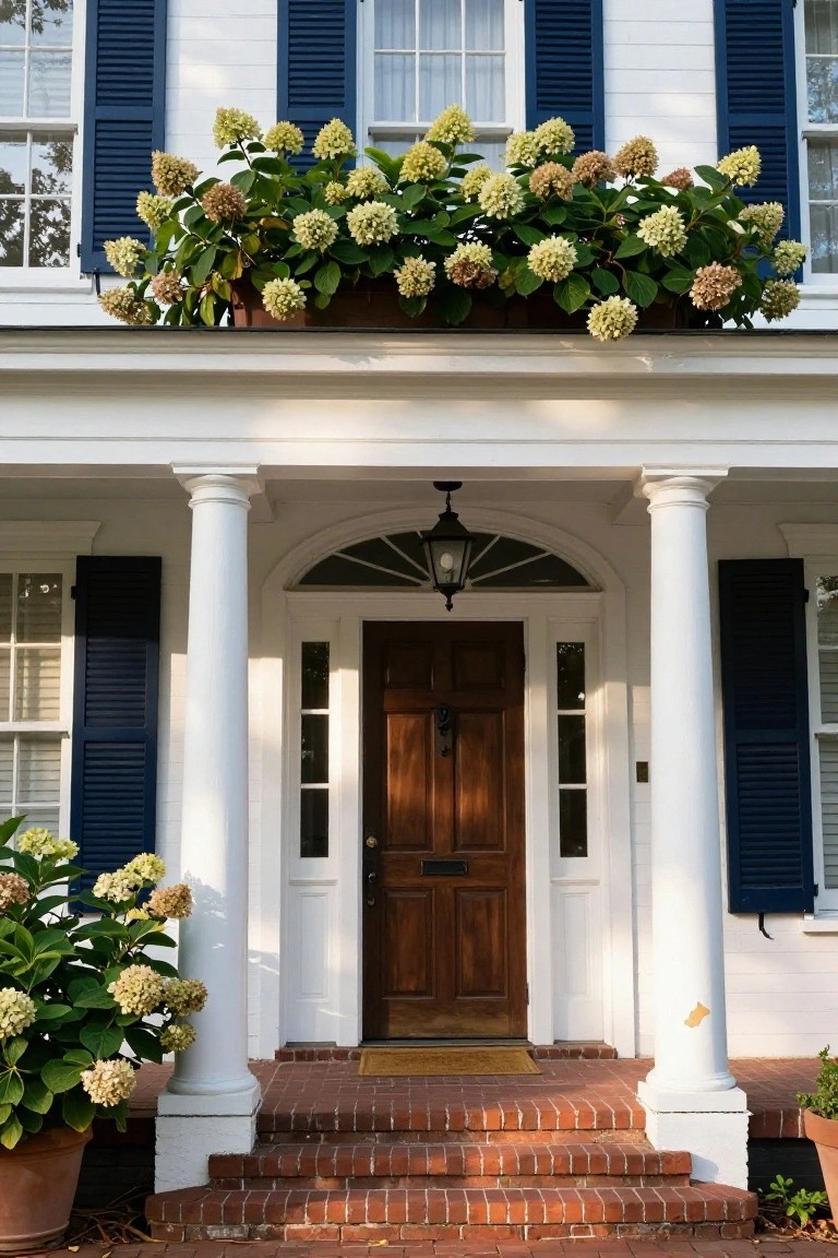 White clapboard house with navy blue shutters flanking multipaned windows, a covered porch supported by white columns, dark wood front door with fanlight, lantern light, brick steps, and potted hydrangeas.