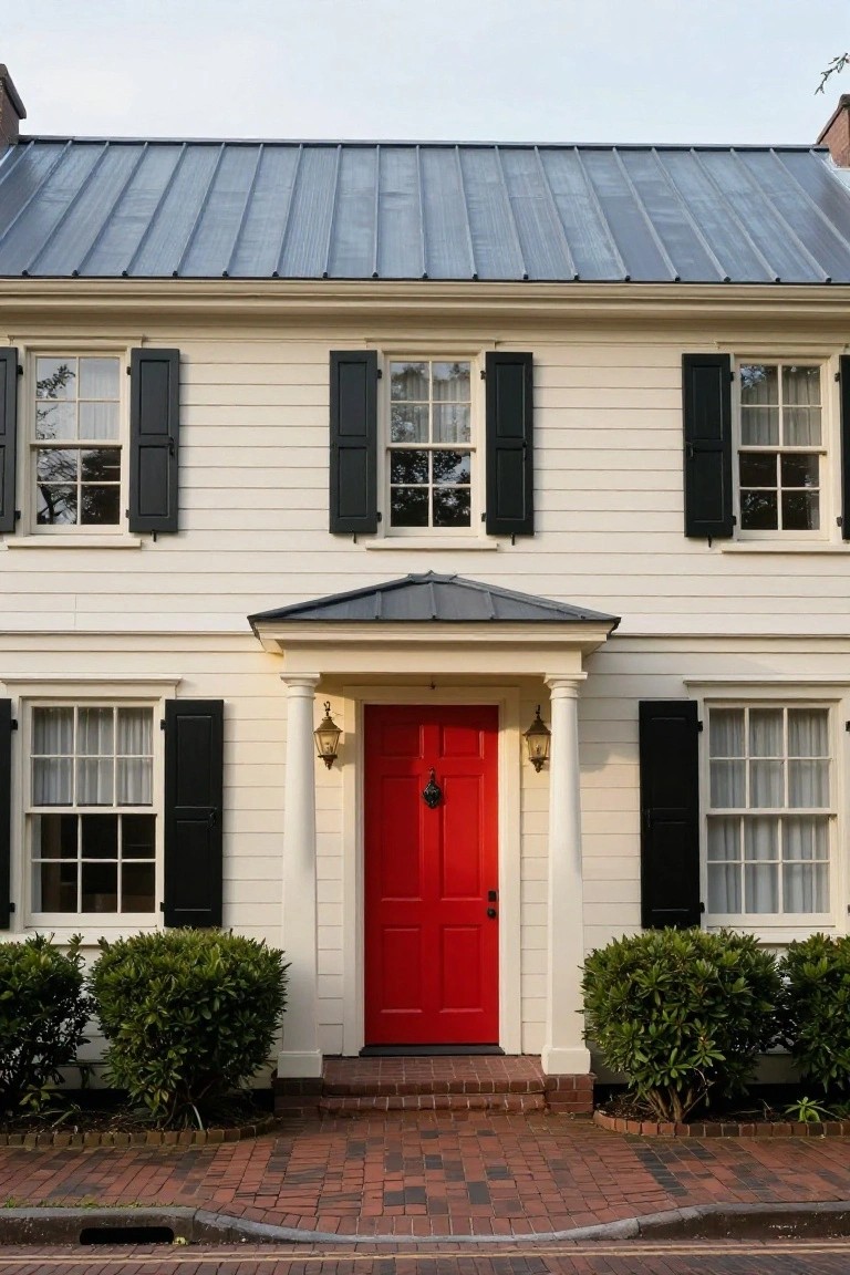 Two-story white clapboard house with black shutters, red front door under a small portico, gray metal roof, flanked by boxwood shrubs on a brick walkway.