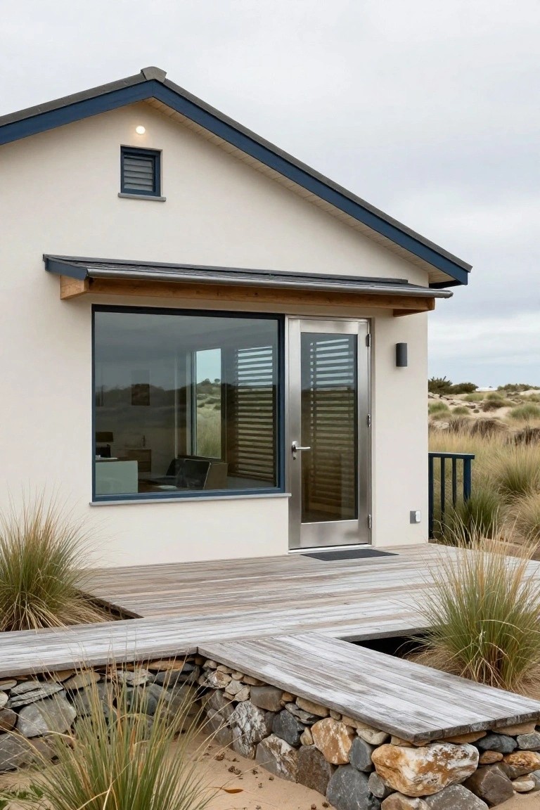 Small modern house with white walls, large reflective window, stainless steel door with louvers, navy blue roof trim, wooden deck platform, stone retaining walls, and dune grass in a sandy landscape.
