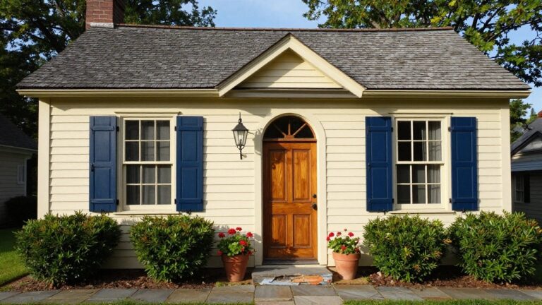 Front view of a small white clapboard house with navy blue shutters flanking a wooden arched door, a lantern light, potted red geraniums, and a stone walkway.