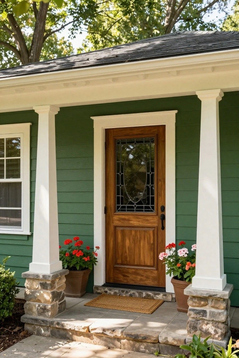 Green clapboard house exterior with white porch columns on stone bases, dark wood front door featuring leaded glass panels, potted red geraniums flanking the entry, and a stone step leading to a woven door mat.