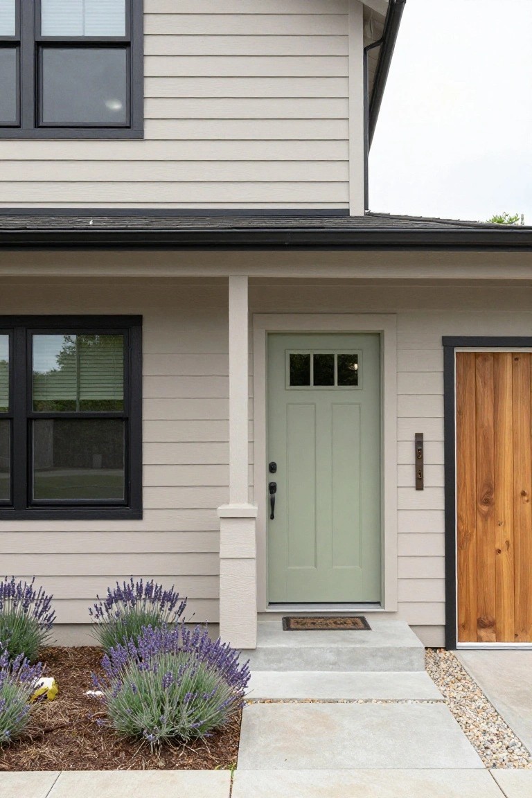 Front exterior of a beige-gray sided house with black window frames, sage green paneled front door, wooden garage door, small covered porch, concrete steps, doormat, and lavender plants in mulched bed along the side.