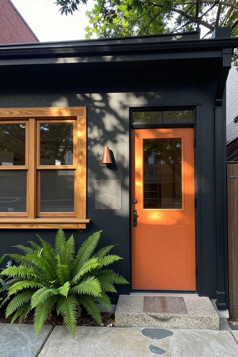 Small black-sided structure with wooden double-hung windows, orange glass-paneled front door, copper wall sconce, metal plaque, potted ferns at base, and stone stoop with gravel path.