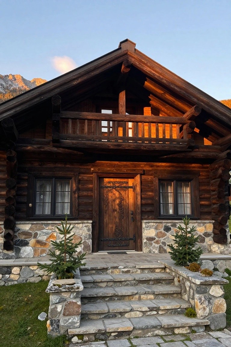 Wooden log chalet house with dark stained logs, upper balcony, carved front door, stone foundation and steps, small pine trees on sides, mountain backdrop at sunset.
