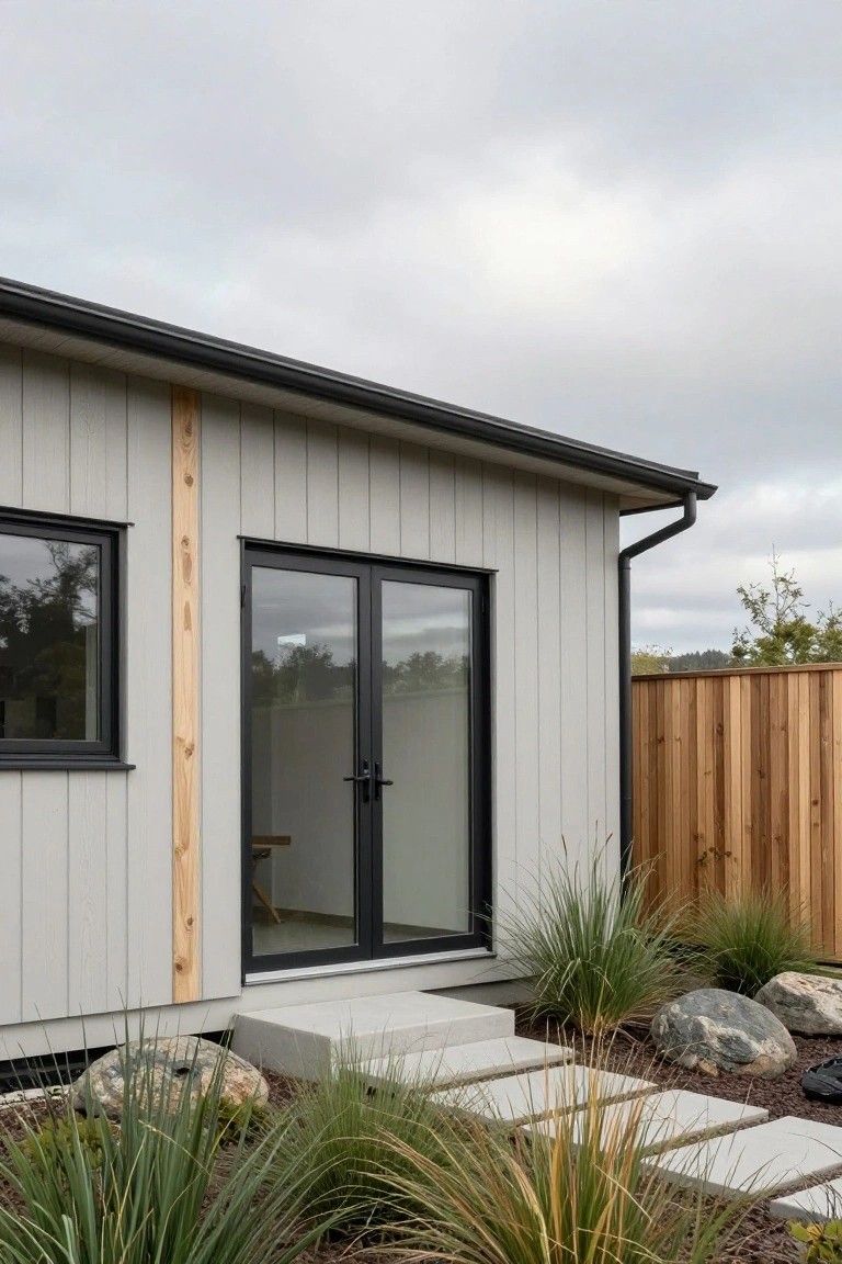 Side exterior of a house with light gray vertical siding, black-framed glass doors and window, natural wood vertical beam accent, concrete steps to entry, and grasses with rocks in the yard.