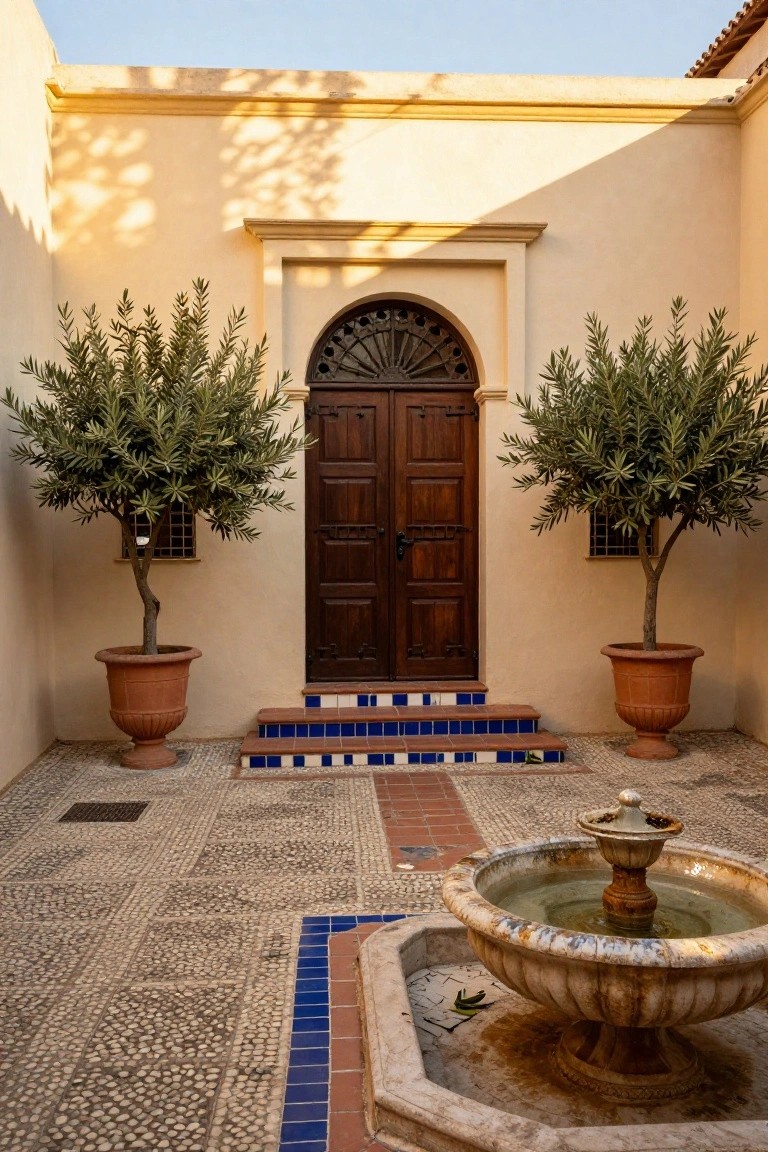 Pale ochre stucco walls enclosing a courtyard with a dark wooden double door arched at the top, flanked by potted olive trees in terracotta pots, blue tiled steps leading to the door, and a stone fountain on a pebble and tile floor.