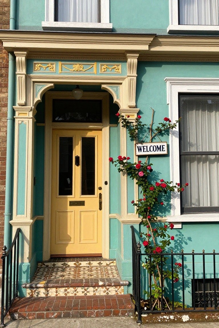 Turquoise rowhouse facade with cream and gold trim, yellow double front door, climbing red roses on the wall beside the entry, black iron railing, and tiled steps.