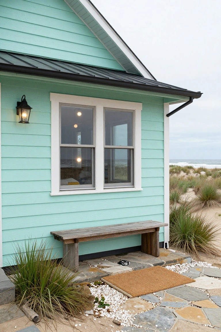 Side exterior of a turquoise clapboard house with black metal roof, white-trimmed double window, lit lantern, wooden bench, doormat on stone path, dune grass, and ocean in background.