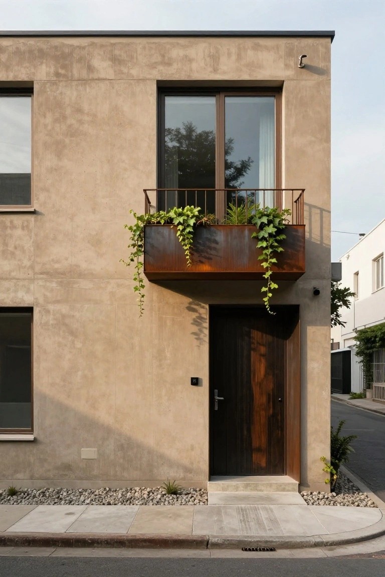 Beige stucco house facade with large windows, dark wood front door, rusted metal planter box with ivy on a balcony, gravel ground cover, and adjacent sidewalk on a street.