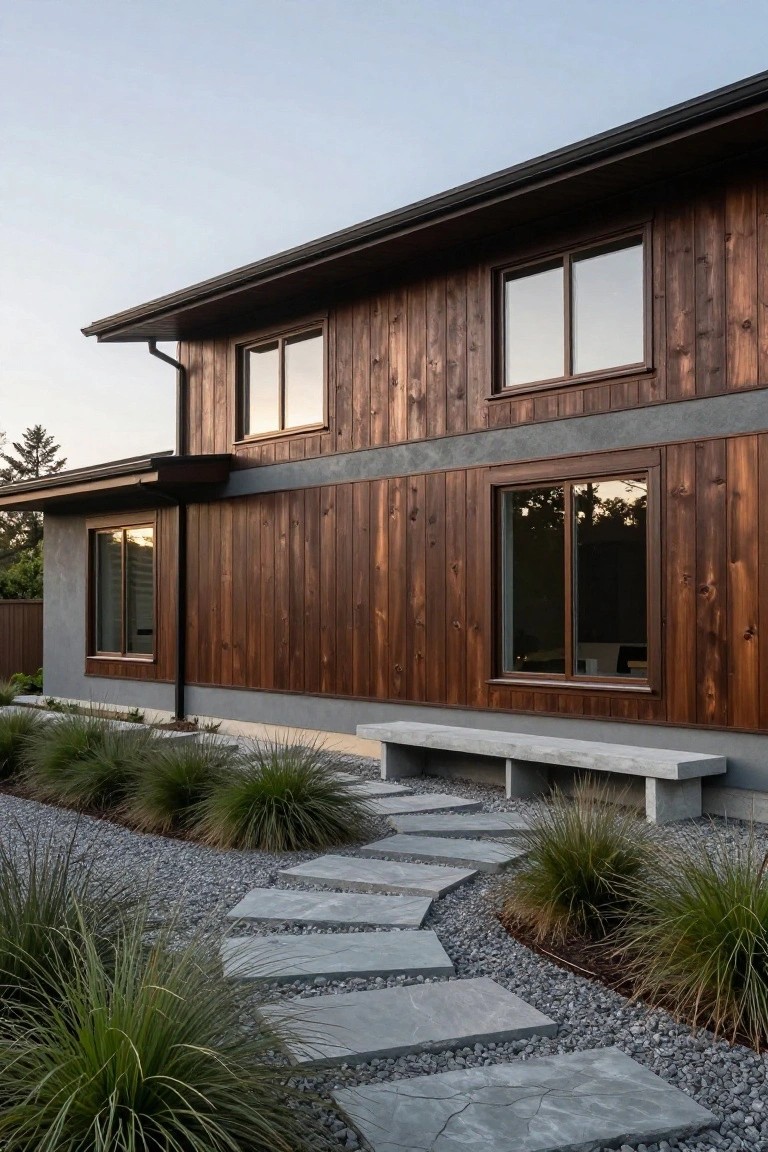 Side view of a two-story house featuring vertical cedar wood cladding on upper walls, gray stucco on lower walls, multiple large windows, a concrete bench, and a stepping stone path through gravel and ornamental grasses.