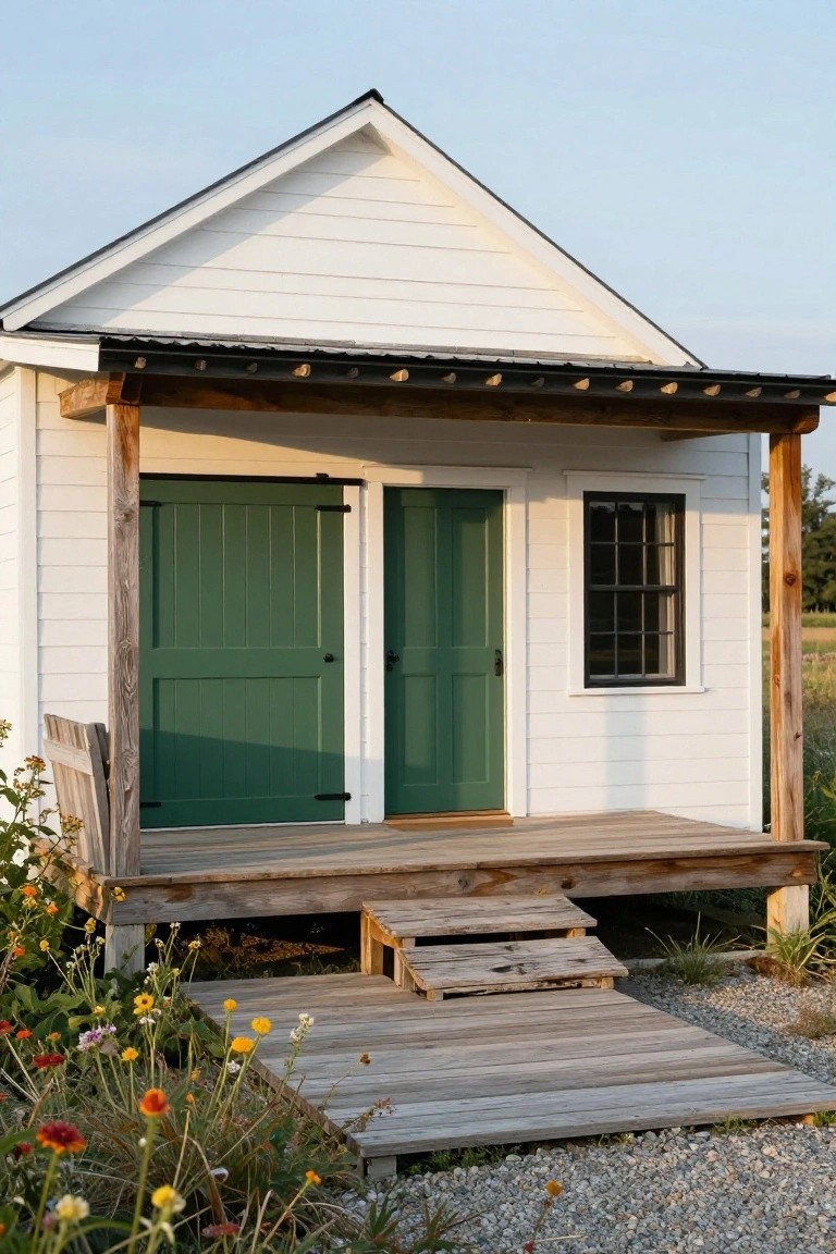 Small white clapboard house with gabled roof, double green doors, wooden porch on posts, gravel ground, and wildflowers around.