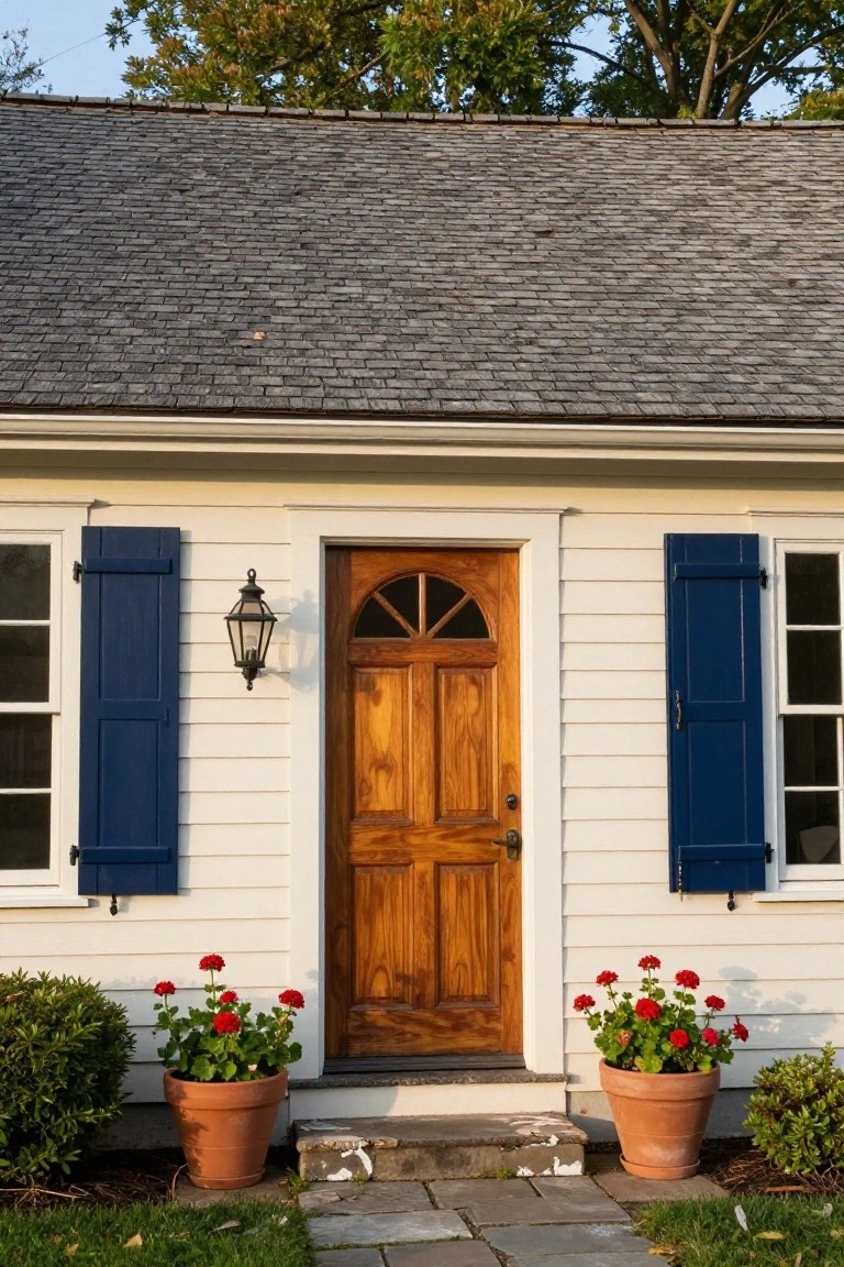 Front view of a small white clapboard house with navy blue shutters flanking a wooden arched door, a lantern light, potted red geraniums, and a stone walkway.
