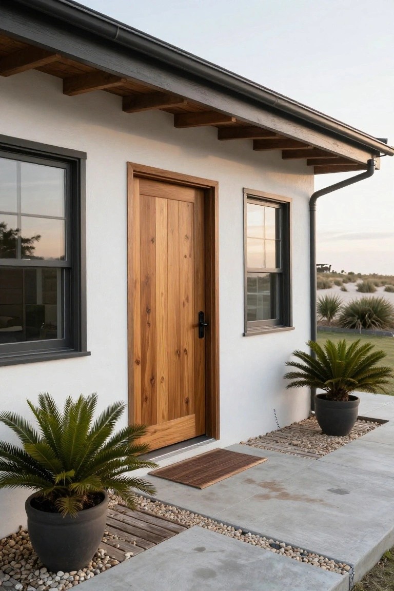 White stucco house exterior with wooden entry door, black-framed windows on either side, potted palm plants, pebble ground cover, and concrete pathway near grassy dunes.