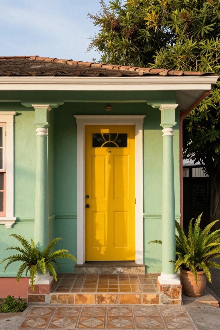 Mint green house facade with white trim, columns, and a yellow front door with glass panel, flanked by potted ferns on terracotta tiled steps under a tree.