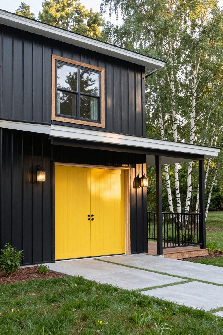 Black metal-sided garage building with double yellow front doors, black lanterns flanking the entry, small covered porch with black railing, concrete paver pathway, and birch trees in the background.