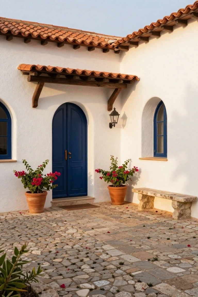 White stucco house corner featuring a tall arched blue double door, flanked by two terracotta pots of pink bougainvillea, an arched blue window, lantern light, terracotta tile roof overhang, stone bench, and irregular stone paving on the ground.