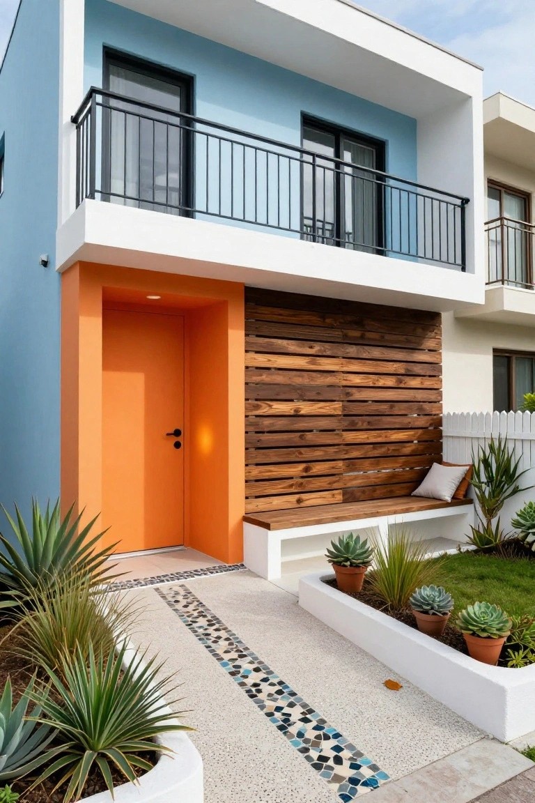 Modern two-story house with light blue walls, prominent orange front door, vertical wood slat accent wall beside entry, black-framed balcony with railing upstairs, succulent plants in white planters, and pebbled pathway with blue tile accents leading to the door.