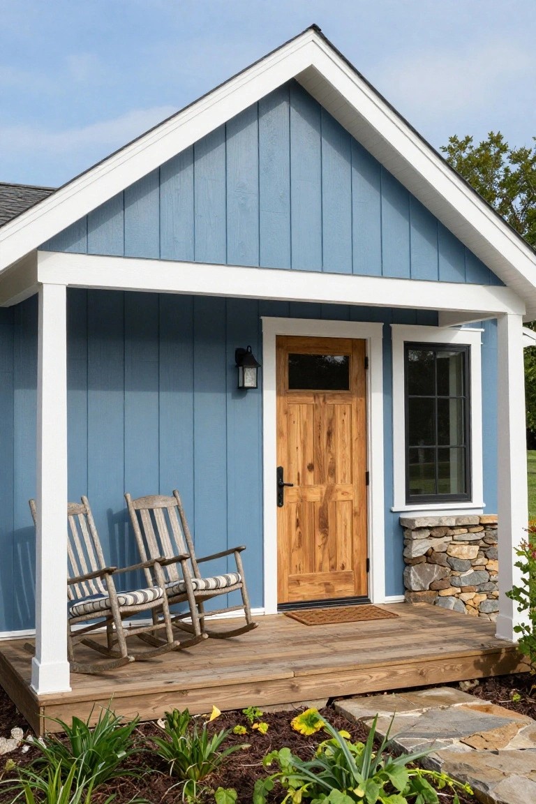 A small gable-roofed house with light blue vertical siding, white trim, wooden front door, black lantern light, two white rocking chairs on a wooden porch, and stone foundation with plants.