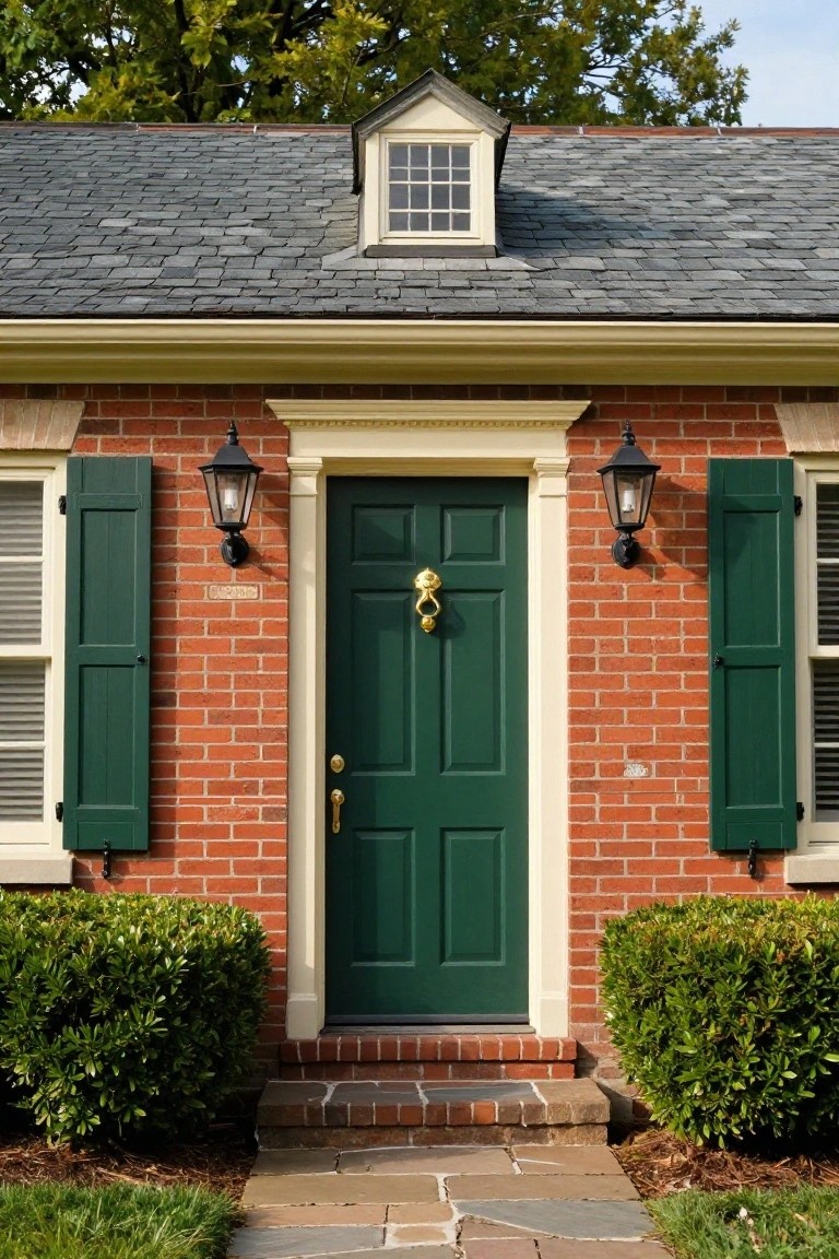 Red brick single-story house with dark green front door, green shutters, cream trim, brass lanterns and knocker, flanked by boxwood shrubs and a stone walkway.