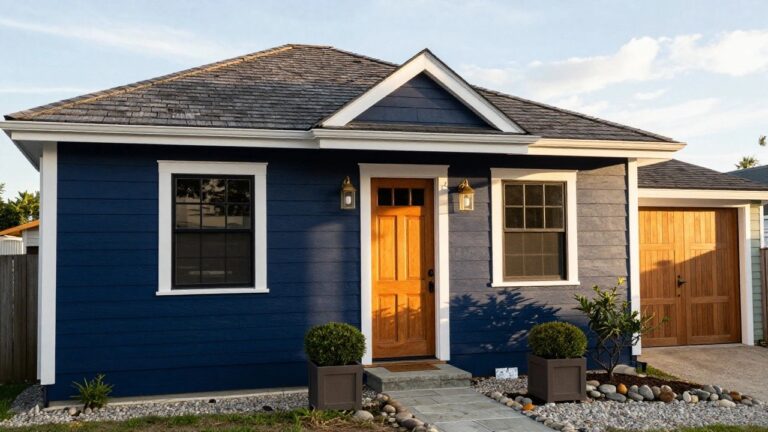 A two-story house painted navy blue with white trim, featuring a wooden front door, wooden garage door, boxwood shrubs, and a gravel pathway in front.