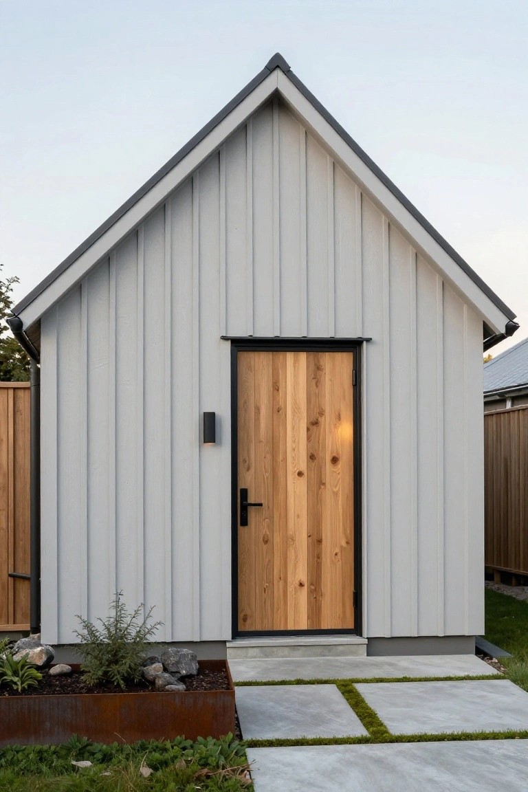 Small gabled shed with light gray vertical board-and-batten siding, black-framed natural wood plank door with wall light, corten steel planter box, concrete paver pathway, and adjacent grass and fence.