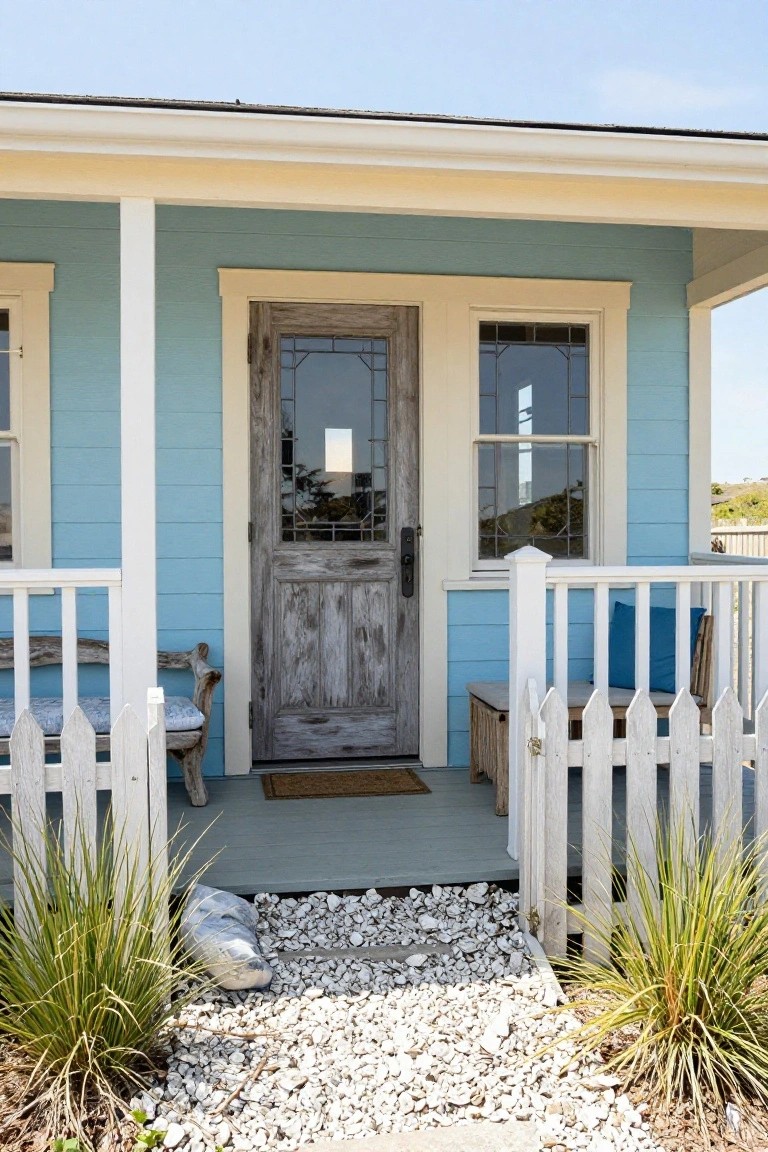 Light blue clapboard cottage with cream trim, glass-paneled weathered gray wood front door, white porch railing and posts with bench, short white picket fence, ornamental grasses, and shell gravel path.