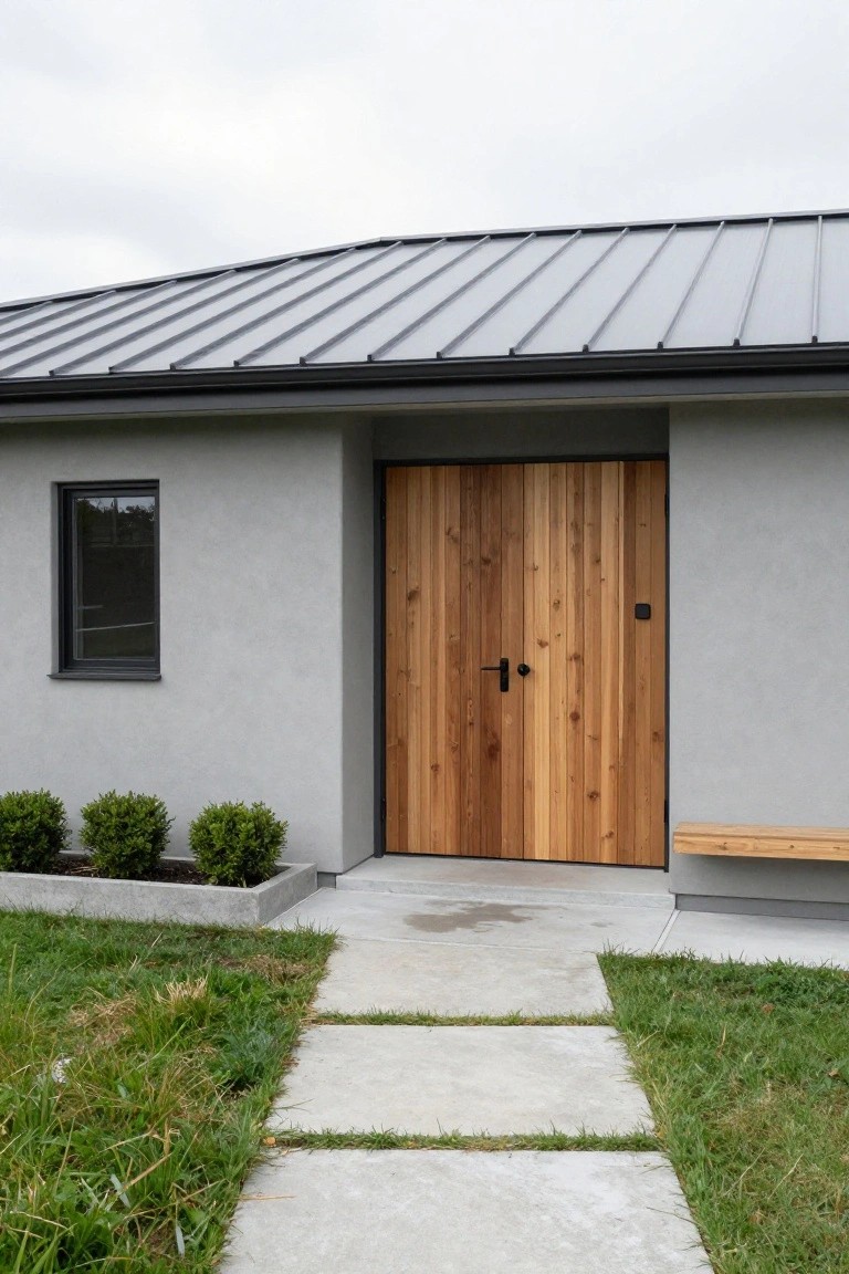 Contemporary house exterior with light gray stucco siding, black-framed narrow window, tall double cedar wood door with black metal frame and hardware, matching wood bench, concrete path, and three boxwood shrubs in a concrete planter beside a dark gray metal roof.