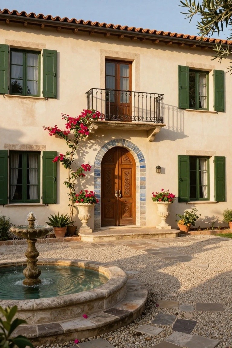 Beige stucco house facade with green shutters on windows, arched wooden entry door framed in blue tiles, wrought-iron balcony, climbing pink bougainvillea, potted plants, and stone fountain in gravel courtyard.