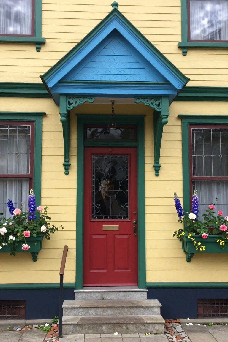 Yellow clapboard house with green trim, blue gabled porch roof and brackets, red front door with stained glass window, flanked by green window boxes filled with pink roses, blue delphiniums, and white flowers, stone steps with metal railing leading to the entry.
